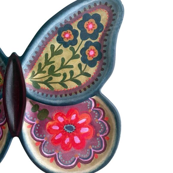 Natural Life Wooden Butterfly Tray Platter Colorful Hand Painted Flowers - Picture 4 of 4